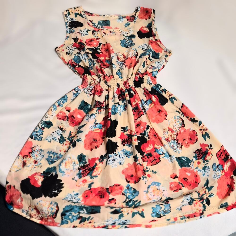 Drunken Tango Floral Mini Fit & Flare Dress Sleeveless Smocked Waist XXL Fits‎ L